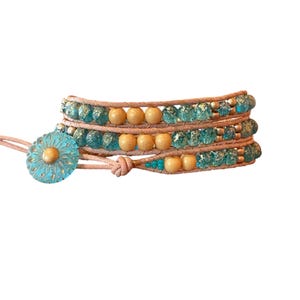 Leather Wrap Bracelet: Turquoise Czech Glass Beads, Boho Jewelry