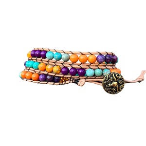 Boho Leather Wrap Bracelet: Czech Glass & Gemstone Beaded Bracelet