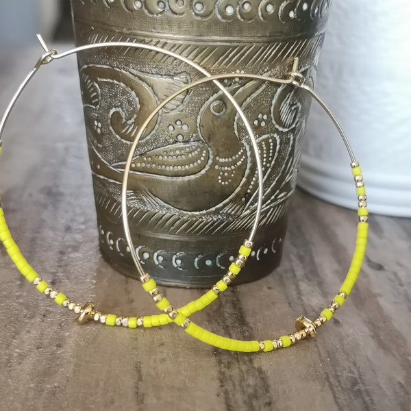 3 micron gold plated brass hoop earrings and japanase glass beads/ miyuki delica beads fluo yellow