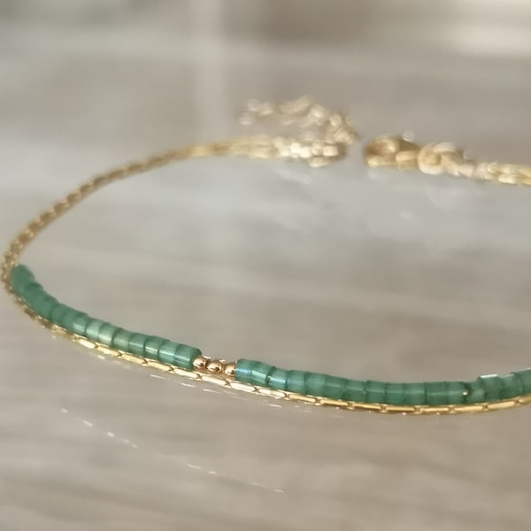 Bracelet double en laiton doré à l'or 1 micron, perles japonaises vertes
