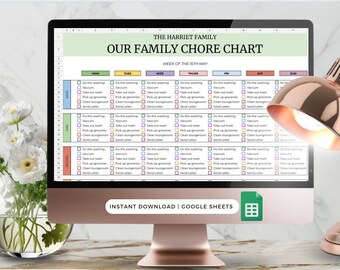 Hausarbeitstabelle für Familie, Reinigungstabelle, Google Sheets-Reinigungstracker, wöchentliche tägliche Familienreinigungstabelle, bearbeitbare Vorlage dowbload