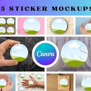 Sticker mockup Canva, round sticker mockup, sticker mockup bundle, holding sticker, floating sticker, favour bag mockup, logo sticker mockup