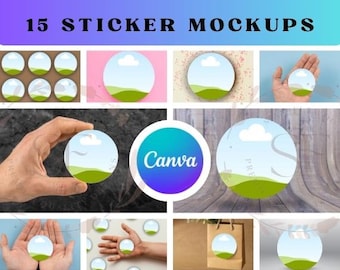 Sticker mockup Canva, round sticker mockup, sticker mockup bundle, holding sticker, floating sticker, favour bag mockup, logo sticker mockup