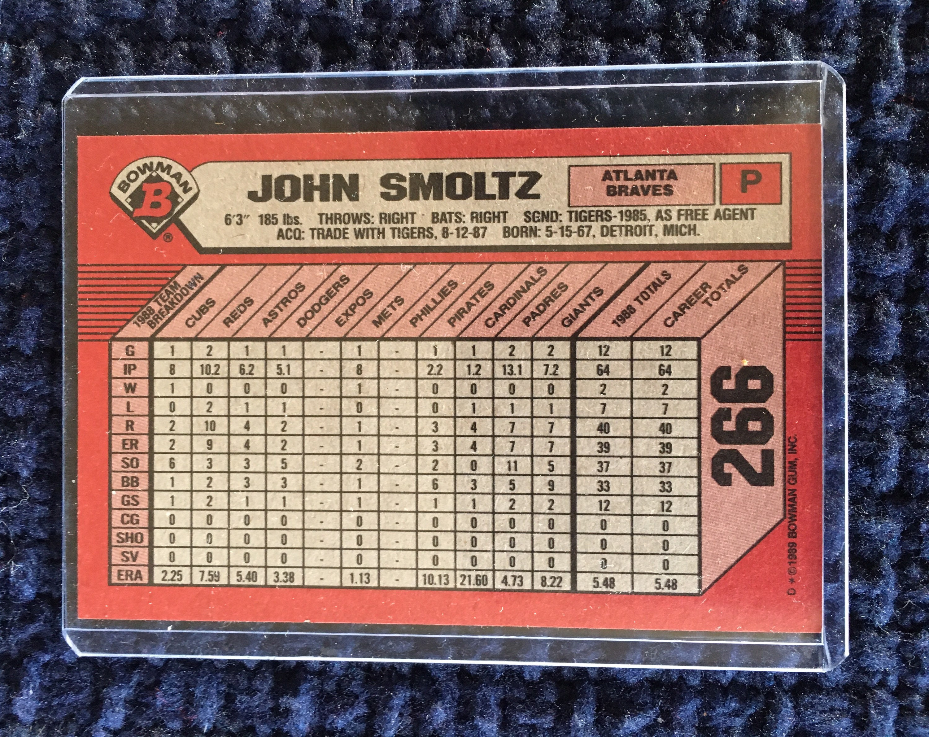 1989 Bowman's 266 John Smoltz Rookie Card 