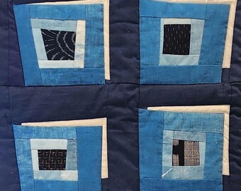 Art Quilt - Wonky Log Cabin in Indigo