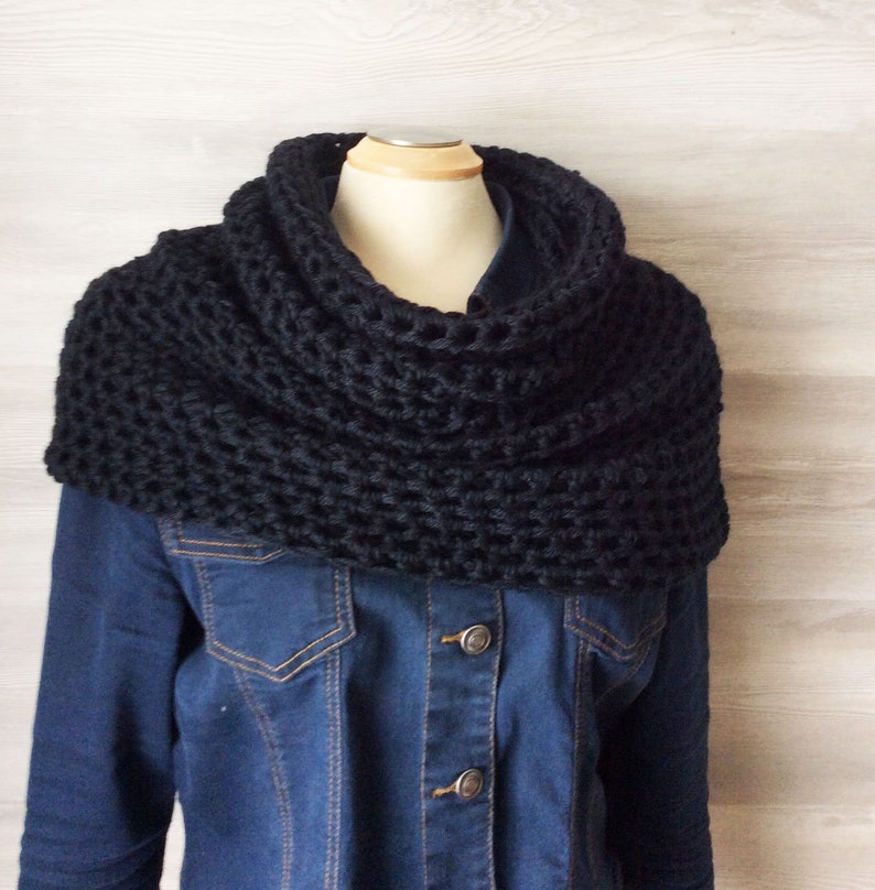 EMELINE CAPELET Acrylic and Superwash Wool, Infinity scarf capelet, chunky knit scarf, chunky knit cape, wrap sweater, cozy shoulder shawl BLACK