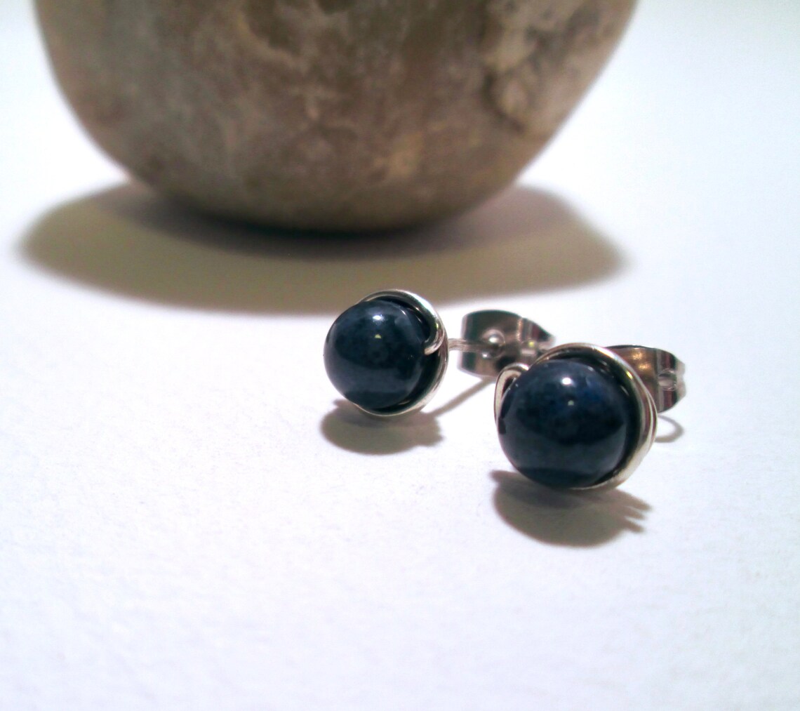 Dark Blue Dumortierite Stud Earrings Sterling Silver Natural Etsy