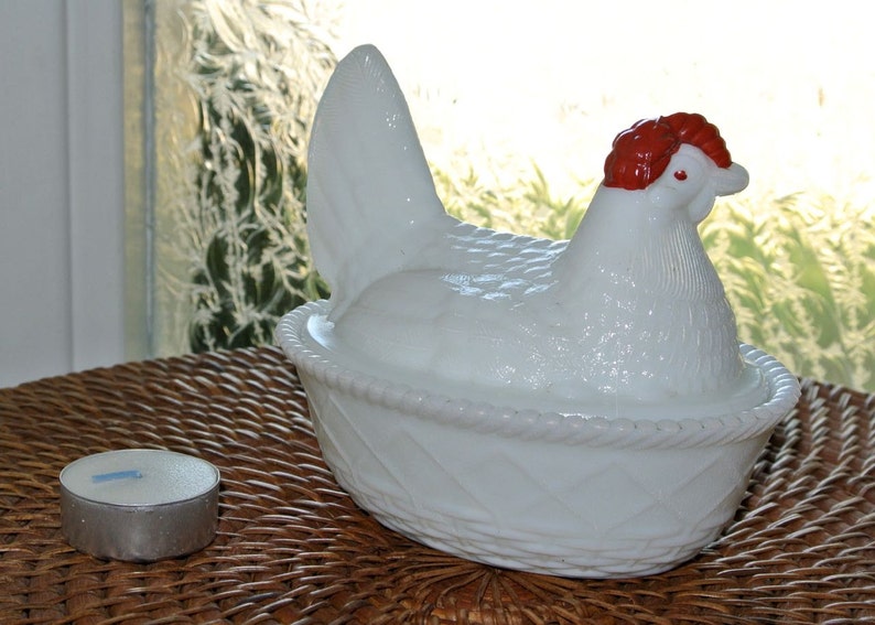 Candy Dish Glass Milk White Red Rooster Hen in Nest Westmoreland Etsy