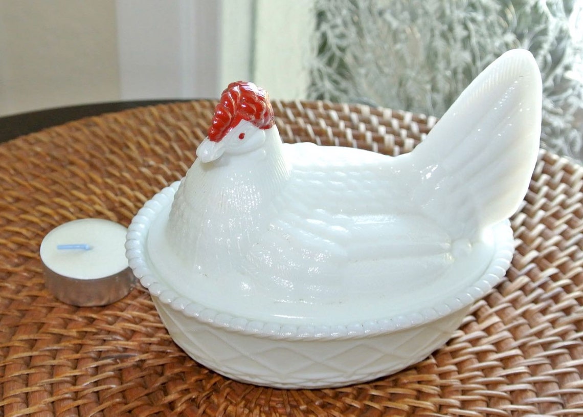 Candy Dish Glass Milk White Red Rooster Hen in Nest Westmoreland Etsy