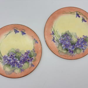 May include: Two round decorative plates with a hand-painted floral design. Each plate features a light yellow center surrounded by a peach-colored border. The floral design includes purple violets and green leaves.