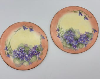 May include: Two round decorative plates with a hand-painted floral design. Each plate features a light yellow center surrounded by a peach-colored border. The floral design includes purple violets and green leaves.