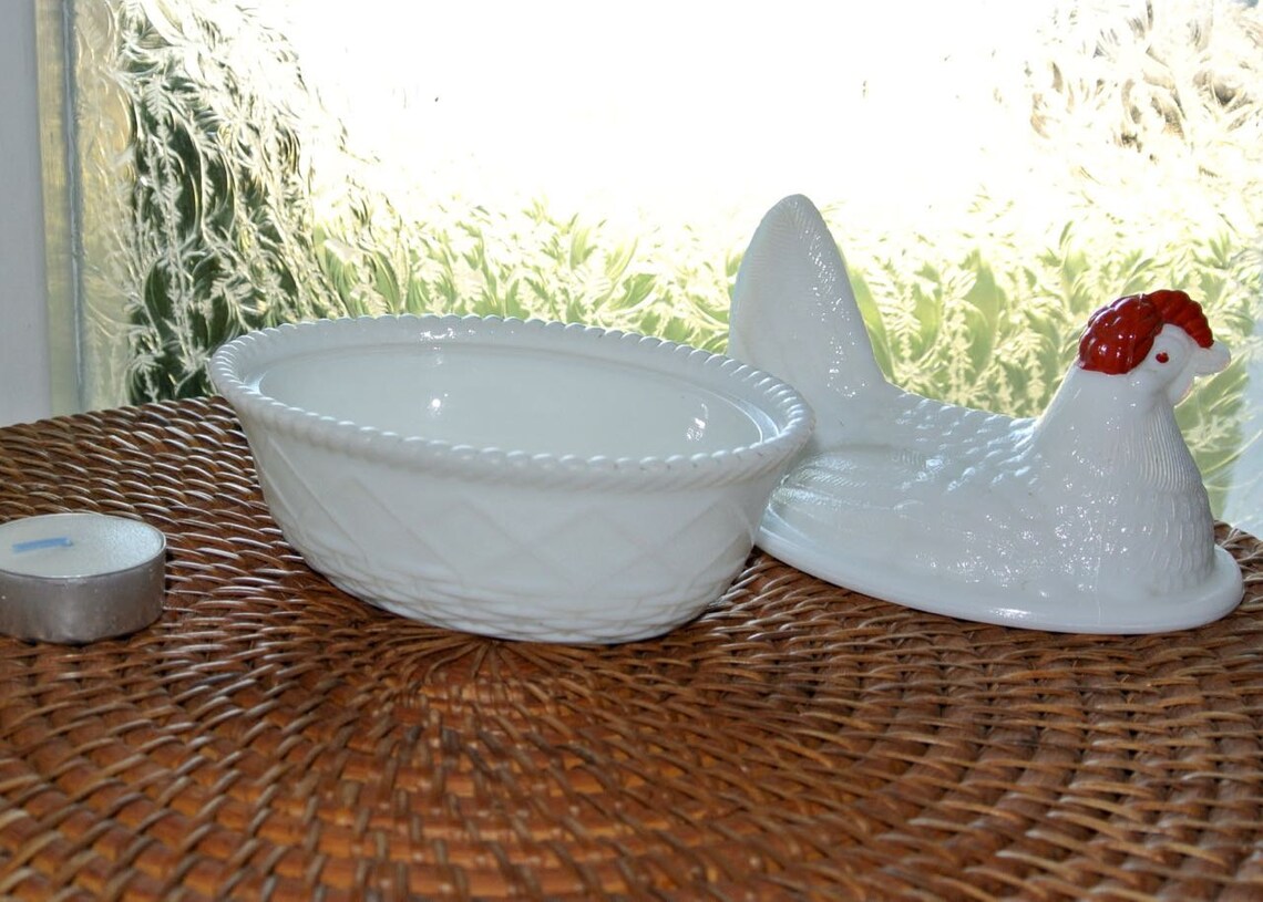 Candy Dish Glass Milk White Red Rooster Hen in Nest Etsy