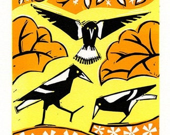 Australian magpies, Linocut Print