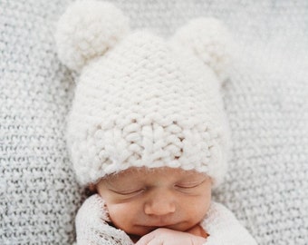 Double Pom Pom Hat // Animal Ear Knit Hat // Gray Knit Hat for Baby Toddler Child // Knit Hat Neutral