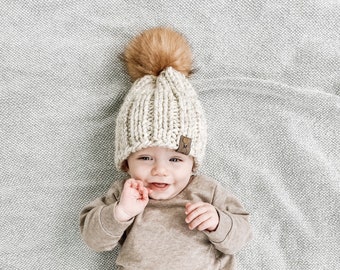 Knit Hat // Gender Neutral Knit Hat Baby Toddler // Gray Knit Hat for Baby Toddler Child // Knit Hat Faux Fur Pom // Mom and Me Hats