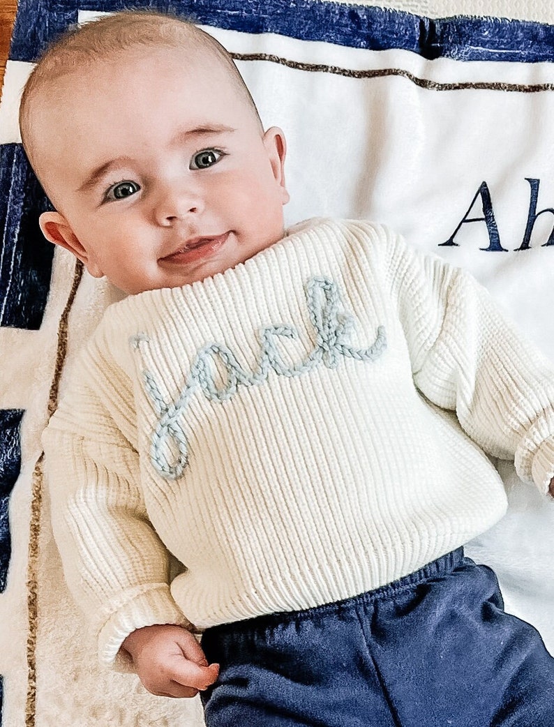 Baby Name Sweater Toddler Name Sweater Baby Announcement Name Announcement New Baby Gift Embroidery Gift Customized Sweater image 1