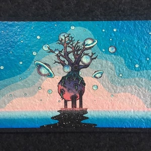 May include: A surreal painting of a tree with a pink and purple trunk, growing out of a blue and pink sky. The tree is surrounded by small, white circles and has several rings around its branches. The tree is standing on four legs and is surrounded by a dark blue pool of water.