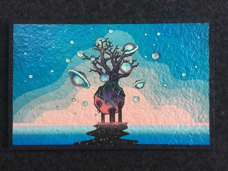 May include: A surreal painting of a tree with a pink and purple trunk, growing out of a blue and pink sky. The tree is surrounded by small, white circles and has several rings around its branches. The tree is standing on four legs and is surrounded by a dark blue pool of water.
