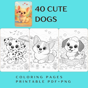 Pode incluir: Uma capa de livro de colorir digital com o texto "40 Cute Dogs". A capa apresenta uma ilustração colorida de um cachorrinho com borboletas. Abaixo estão três páginas para colorir em preto e branco de cães. O texto "Coloring Pages Printable PDF+PNG" está na parte inferior.
