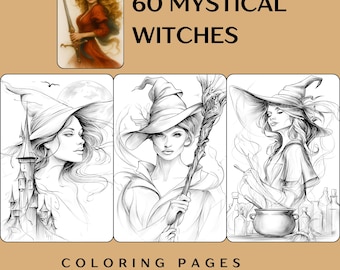 Może przedstawiać: Okładka cyfrowej książki do kolorowania z napisem "60 Mystical Witches". Obraz zawiera wiedźmę z mieczem i trzy czarno-białe ilustracje wiedźm. Obecny jest również tekst "Coloring Pages Printable PDF+PNG".