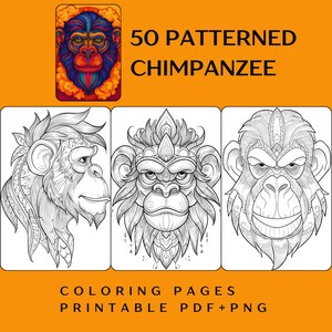 May include: An orange background features a colorful chimpanzee illustration and the text "50 PATTERNED CHIMPANZEE". Below are three black and white chimpanzee head coloring pages. The text "COLORING PAGES PRINTABLE PDF+PNG" is at the bottom.