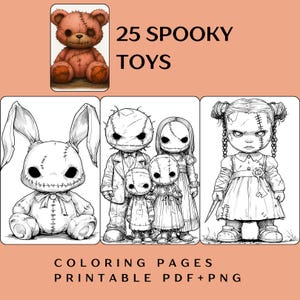 Spooky Spielzeug Malvorlagen | 25 Gruselige Süße Monster & Spukte Puppen | Graustufen Halloween Malbuch für Erwachsene PDF + PNG