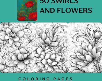 Floral Swirls Coloring Pages: 50 Grayscale Designs (Printable PDF + PNG)