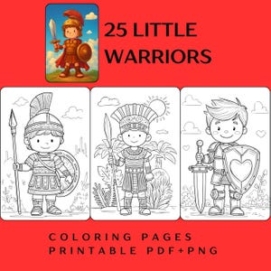 Puede incluir: Un conjunto de páginas para colorear titulado "25 Little Warriors" con ilustraciones de guerreros de dibujos animados. Las páginas se pueden imprimir en formatos PDF y PNG. La imagen incluye una ilustración colorida de un guerrero sosteniendo una espada y un escudo.