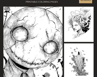 May include: A collection of printable coloring pages titled SCARY MONSTERS with 50 designs. The black and white illustrations feature a large cracked-head character, a figure with floral hair, and a cloaked entity surrounded by roses.
