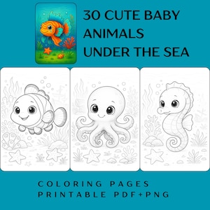 30 Cute Ocean Baby Animals Coloring Pages | Printable Book for Kids | Grayscale & Line Art | High-Res PDF | Instant Download