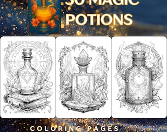 Magic Potions Bottles Coloring Book: 30 Witchy Alchemy Pages (PDF + PNG)