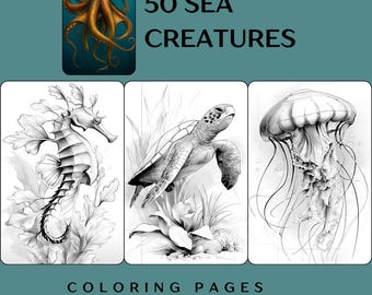 Adult Grayscale Coloring Pages - 50 Ocean Animal Illustrations  (Printable PDF + PNG)