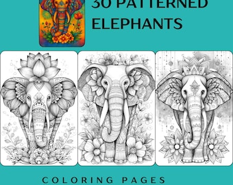 Adult Grayscale Coloring Book - 30 Elephant Zentangle Mandala Pages Printable PDF