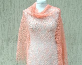 Salmon pink hand knitted linen shawl wrap