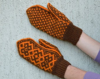 Brown orange woolen hand knitted Mittens