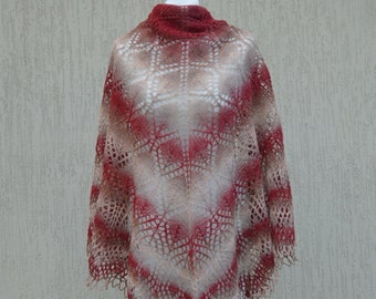 Hand knitted Shawl. Lace knit shawl. Dark red grey