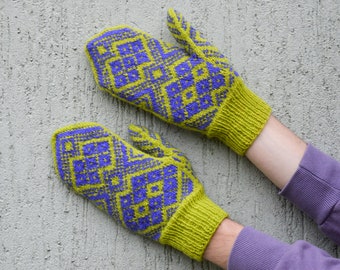 Purple green orange hand knitted mittens Knit Wool mittens Patterned mittens