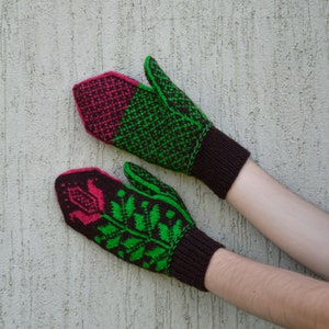 Brown red hand knitted mittens with flower Knit Wool mittens Patterned mittens image 1