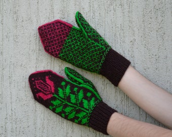 Brown red hand knitted mittens with flower Knit Wool mittens Patterned mittens