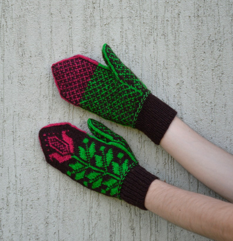 Brown red hand knitted mittens with flower Knit Wool mittens Patterned mittens image 1