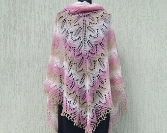 Hand Knitted Lace Shawl Wrap: Pink Beige Wool Knit Shawl