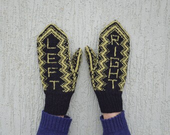 Gift for new driver, Left right black/green hand knitted mittens. Woolen mittens