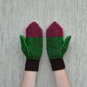 Brown red hand knitted mittens with flower Knit Wool mittens Patterned mittens image 2