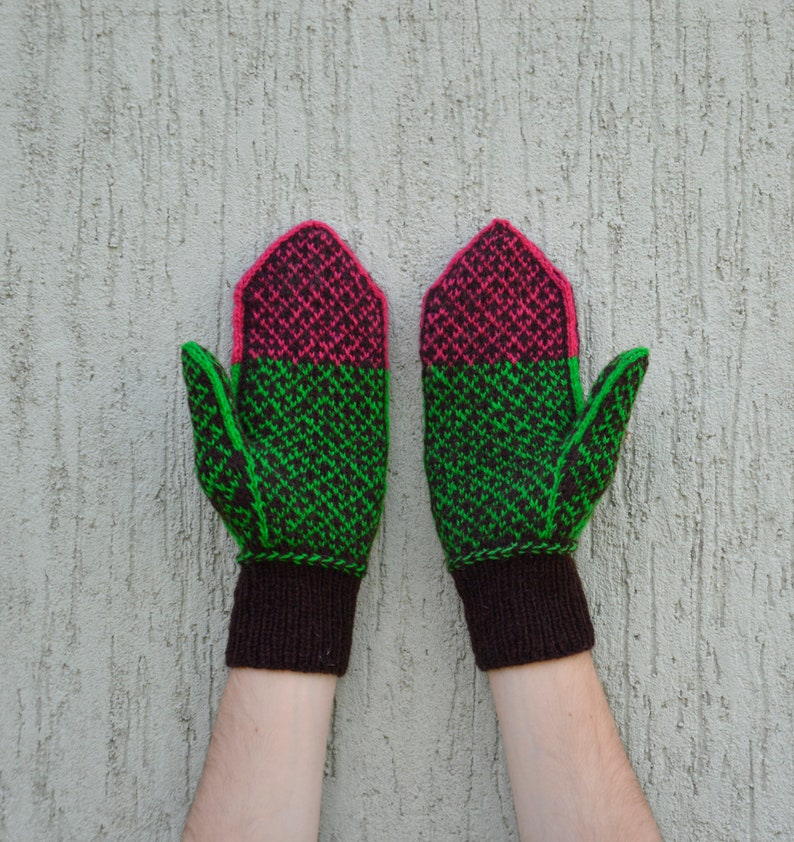 Brown red hand knitted mittens with flower Knit Wool mittens Patterned mittens image 2