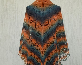 Lace knitted shawl, Orange Brown Green lace knitted shawl, Lace knit wrap, Knitted triangular shawl, lacy shawl