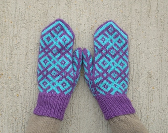 Purple light turquoise blue  hand knitted mittens Knit Wool mittens Patterned mittens
