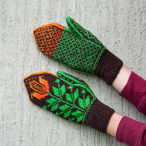 Brown orange green Hand Knitted Mittens Wool Mittens winter gloves Lithuanian traditional knitting