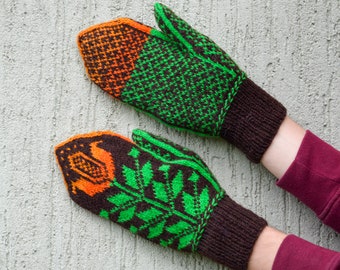 Brown orange green Hand Knitted Mittens Wool Mittens winter gloves Lithuanian traditional knitting