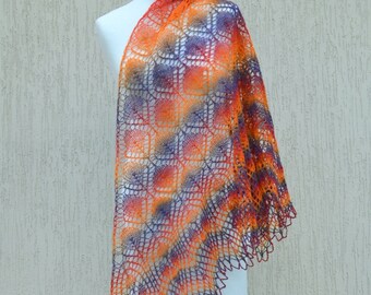 Hand knitted shawl. Lace knitted shawl wrap. Orange purple knit shawl