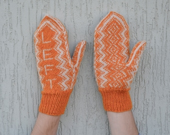 Gift for new driver, Left right black pink hand knitted mittens. Orange and milk white hand knited mittens. Woolen mittens